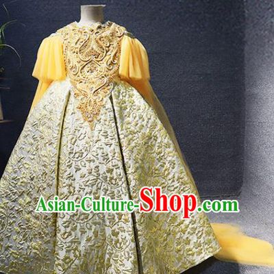 Top Girl Compere Performance Garment Catwalks Yellow Long Dress Christmas Formal Evening Wear Children Stage Show Clothing