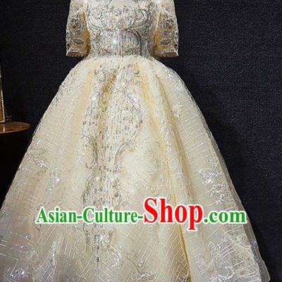 Top Children Stage Show Clothing Girl Compere Performance Garment Catwalks Beige Long Dress Christmas Formal Evening Wear