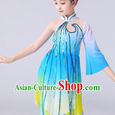 China Girl Stage Performance Dancewear Umbrella Dance Clothing Lotus Dance Blue Outfits Children Classical Dance Costumes