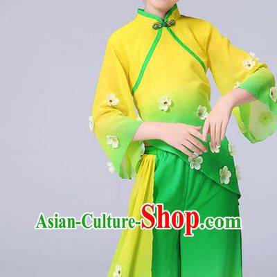 Chinese Yangge Performance Clothing Children Yangko Dance Yellow Uniforms Folk Dance Costumes Girl Jasmine Flower Dance Dress