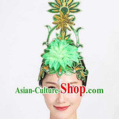 China Spring Festival Gala Performance Headpiece Group Opening Dance Green Sequins Hair Stick Modern Dance Hair Accessories