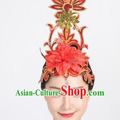 China Spring Festival Gala Opening Dance Headpiece Woman Group Dance Red Flower Sequins Hair Stick Modern Dance Hair Accessories