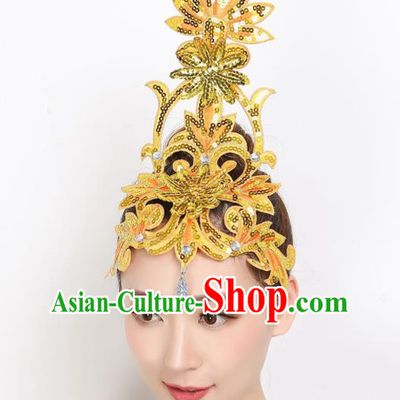 China Woman Yangko Dance Yellow Sequins Hair Stick Group Dance Hair Accessories New Year Folk Dance Headpiece