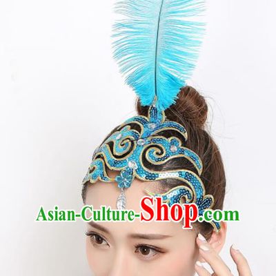 China Peacock Dance Hair Accessories Dai Nationality Dance Blue Feather Headpiece Woman Stage Performance Hair Stick