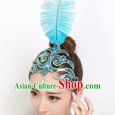 China Folk Dance Hair Accessories Dai Nationality Peacock Dance Blue Feather Headpiece Woman Group Dance Hair Stick