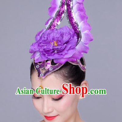 China Opening Dance Headdress Woman Group Modern Dance Purple Peony Hair Crown Flower Dance Dance Hair Accessories
