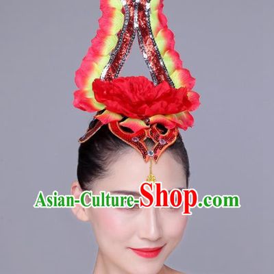 China Opening Peony Dance Headpiece Woman Group Dance Red Flower Hair Crown Modern Dance Hair Accessories
