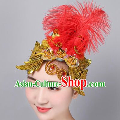 China Yangko Dance Hair Accessories Folk Dance Headpiece Woman Group Dance Red Feather Hair Stick