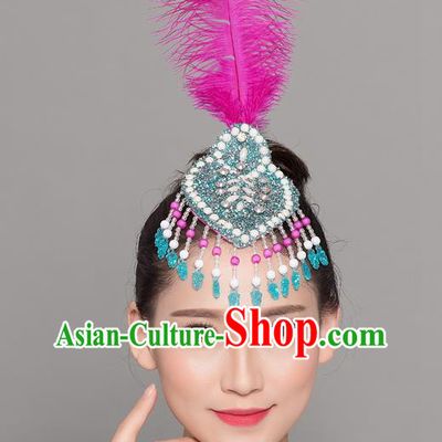 China Mongol Nationality Dance Rosy Feather Hair Stick Yangko Dance Hair Accessories Woman Group Dance Headpiece