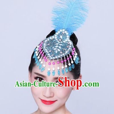 China Yangko Dance Hair Accessories Woman Group Dance Headpiece Mongol Nationality Dance Blue Feather Hair Stick