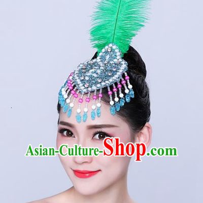 China Yangko Dance Green Feather Hair Stick Woman Group Dance Headpiece Mongol Nationality Dance Hair Accessories