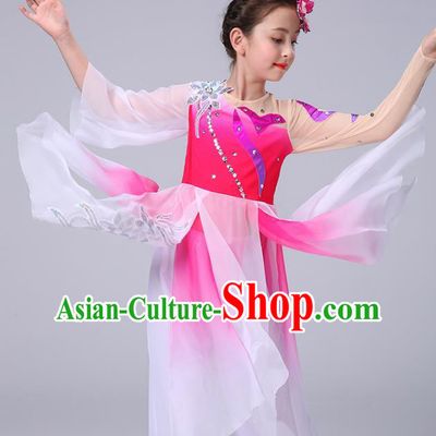 China Girl Stage Performance Dancewear Umbrella Dance Clothing Jasmine Flowers Dance Rosy Dress Children Classical Dance Costumes