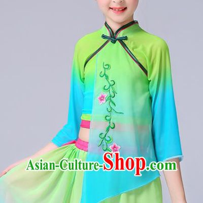 Chinese Yangge Performance Clothing Children Yangko Dance Green Chiffon Uniforms Folk Dance Costumes Girl Fan Dance Dress