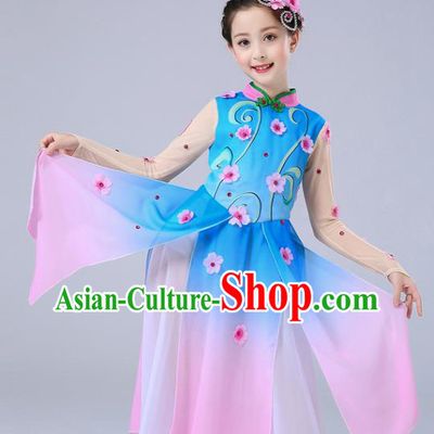 China Jasmine Flowers Dance Blue Chiffon Uniforms Children Classical Dance Costumes Girl Stage Performance Dancewear Umbrella Dance Clothing