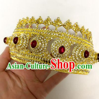 Asian Stage Performance Hair Accessories Thailand Queen Golden Royal Crown Folk Dance Tiara Headpiece