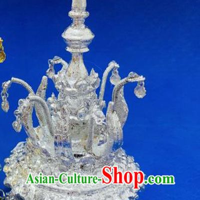 Thailand Queen Argent Royal Crown Asian Folk Dance Pagodas Tiara Headpiece Stage Performance Hair Accessories
