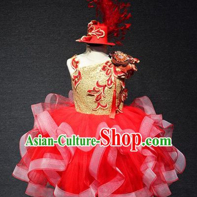 Top Catwalks Red Veil Flower Dress Christmas Evening Wear Children Stage Show Clothing Girl Compere Formal Garment
