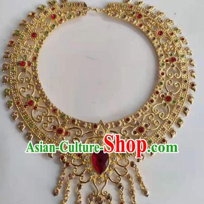 Chinese Minority Folk Dance Necklet Yunnan Ethnic Jewelry Accessories Dai Nationality Queen Golden Necklace