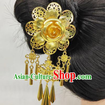 Handmade Chinese Yunnan Minority Folk Dance Golden Peony Tassel Hairpin Ethnic Hair Accessories Dai Nationality Wedding Hair Stick