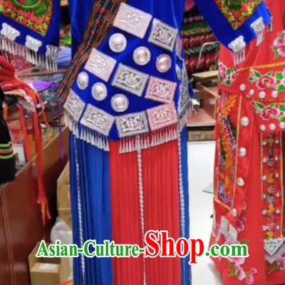 Chinese Guizhou Ethnic Festival Garments Hmong Minority Wedding Bride Blue Dress Outfits Miao Nationality Folk Dance Clothing