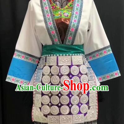 Chinese Dong Nationality Folk Dance Clothing Guizhou Ethnic Festival Garments Minority Performance White Short Dress Outfits