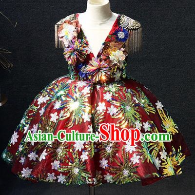 Top Children Performance Clothing Girl Compere Formal Garment Catwalks Embroidered Sequins Wine Red Full Dress Christmas Evening Wear