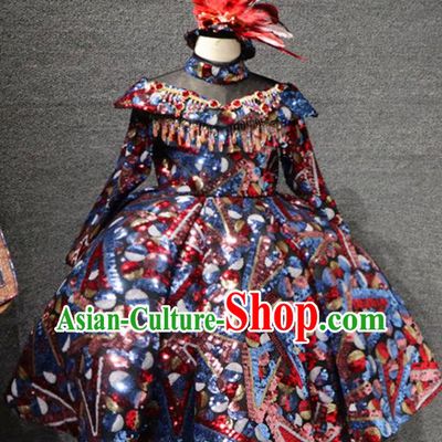 Top Christmas Baroque Evening Wear Children Performance Clothing Girl Compere Formal Garment Catwalks Sequins Full Dress