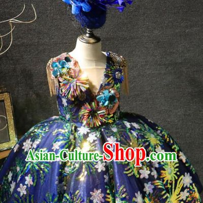 Top Catwalks Sequins Flowers Royalblue Full Dress Christmas Baroque Evening Wear Children Performance Clothing Girl Compere Formal Garment