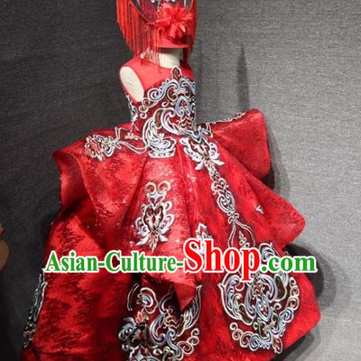 Top Girl Compere Formal Garment Catwalks Embroidered Red Full Dress Christmas Baroque Evening Wear Children Performance Clothing