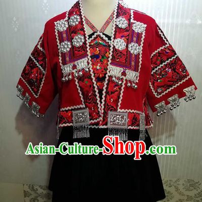 Chinese Guizhou Ethnic Festival Garments Minority Woman Performance Red Short Dress Outfits Dong Nationality Folk Dance Clothing