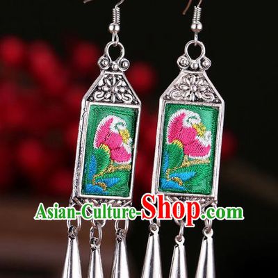 Chinese Hmong Minority Dance Embroidered Green Ear Jewelry Yunnan Ethnic Woman Ear Accessories Miao Nationality Silver Earrings