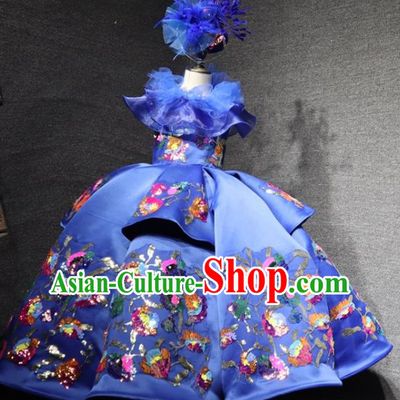 Top Children Performance Clothing Girl Compere Formal Garment Catwalks Embroidered Royalblue Full Dress Christmas Baroque Evening Wear