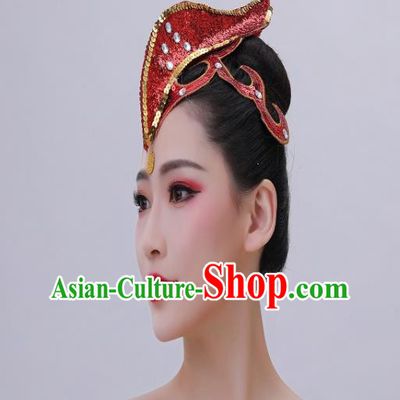 Chinese Dai Nationality Folk Dance Red Hair Crown Yunnan Minority Performance Headwear Handmade Ethnic Peacock Dance Headpiece