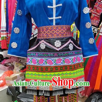 Chinese Miao Nationality Folk Dance Clothing Guizhou Ethnic Pheasant Dance Garments Hmong Minority Woman Performance Short Dress Outfits