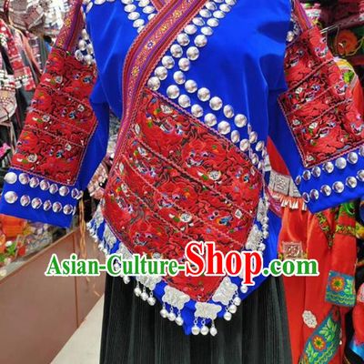 Chinese Hmong Minority Dance Blue Dress Outfits Miao Nationality Folk Dance Clothing Guizhou Ethnic Woman Performance Garments