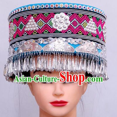 Handmade Chinese Ethnic Woman Festival Headdress Yi Nationality Wedding Blue Hat Tujia Minority Folk Dance Headwear