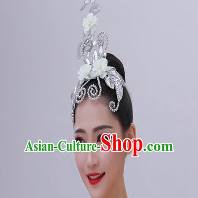 Chinese Yangko Dance Headdress Handmade Fan Dance White Plum Hair Crown Folk Dance Hair Accessories
