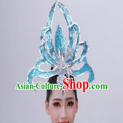 Chinese Spring Festival Gala Performance Headpiece Modern Dance Blue Sequins Hair Crown Opening Dance Hair Accessories