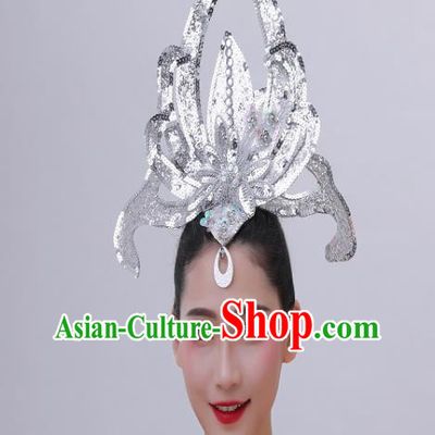Chinese Modern Dance Argent Sequins Hair Accessories Opening Dance Headpiece Spring Festival Gala Performance Hair Crown