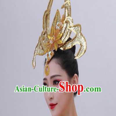 Chinese Spring Festival Gala Performance Hair Crown Modern Dance Golden Sequins Hair Accessories Opening Dance Headpiece
