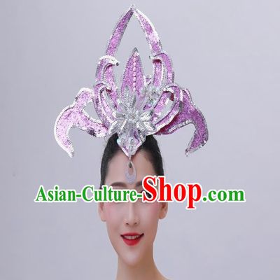 Chinese Peony Dance Hair Crown Opening Dance Lilac Sequins Hair Accessories Modern Dance Headdress