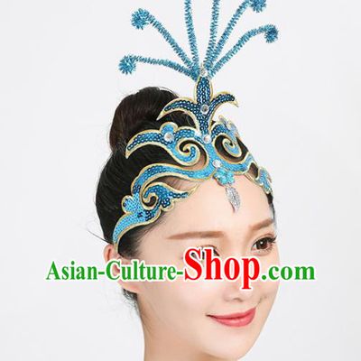 Chinese Yangko Dance Headpiece Folk Dance Blue Sequins Hair Crown Woman Group Dance Hair Accessories