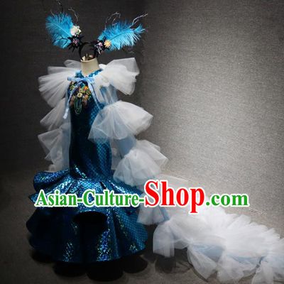 Top Catwalks Mermaid Princess Blue Fishtail Dress Christmas Formal Evening Wear Children Day Stage Show Clothing Girl Performance Garment