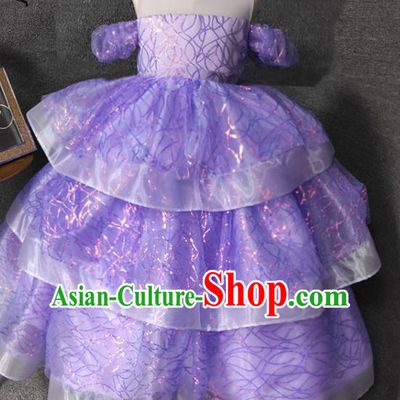 Top Christmas Princess Evening Wear Children Performance Clothing Girl Stage Show Formal Garment Catwalks Purple Long Dress