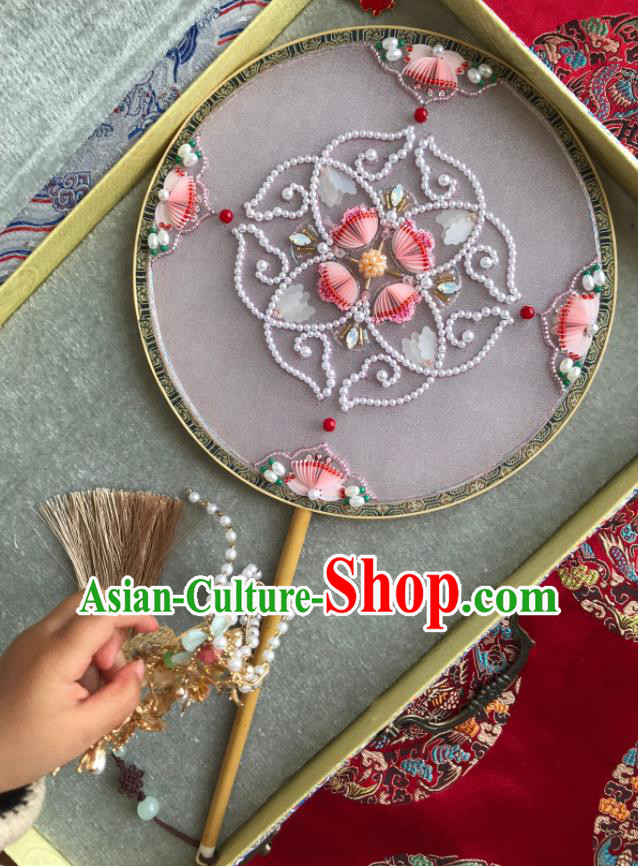 China Handmade Pearls Hanfu Fans Wedding Circular Fan Traditional Bride Pink Palace Fan China Handmade Pearls Hanfu Fans Wedding Circular Fan Traditional Bride Pink Palace Fan