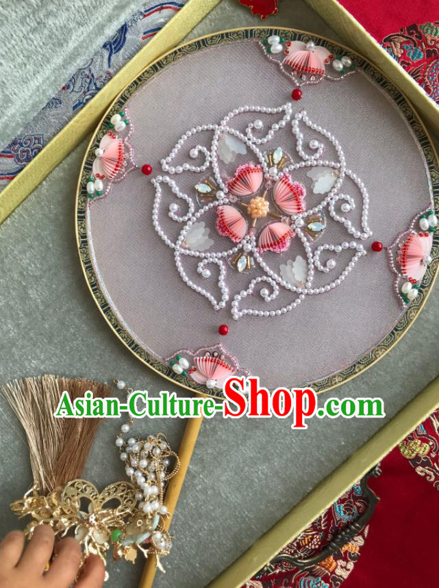 China Handmade Pearls Hanfu Fans Wedding Circular Fan Traditional Bride Pink Palace Fan China Handmade Pearls Hanfu Fans Wedding Circular Fan Traditional Bride Pink Palace Fan