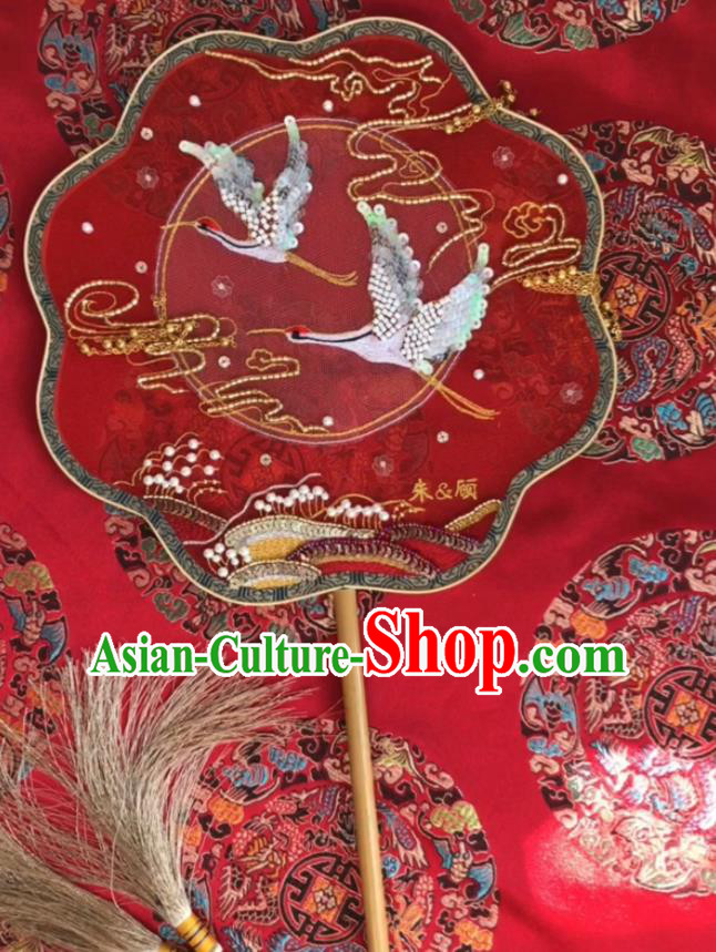 China Traditional Bride Red Silk Palace Fan Handmade Hanfu Fans Wedding Embroidered Crane Fan China Traditional Bride Red Silk Palace Fan Handmade Hanfu Fans Wedding Embroidered Crane Fan