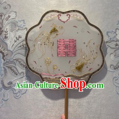 China Wedding Embroidered Goldfish Fan Traditional Bride White Silk Palace Fan Handmade Hanfu Dance Fans