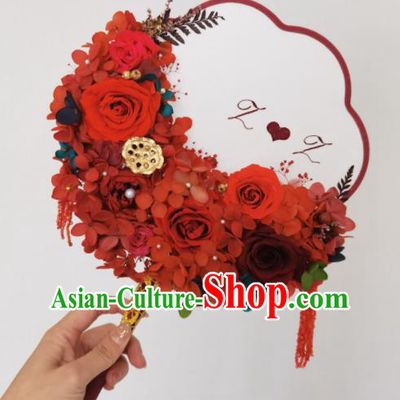 China Wedding Red Silk Rose Fan Handmade Bride Flowers Palace Fan Traditional Hanfu Dance Fans