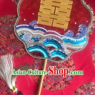 China Traditional Bride Red Silk Palace Fan Handmade Hanfu Dance Fans Wedding Embroidered Beads Fan